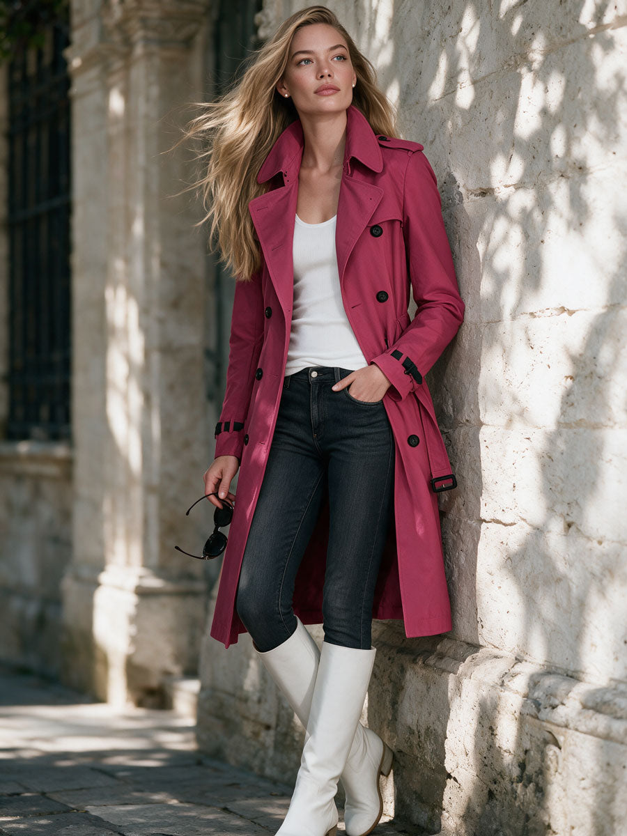 Classic Retro Fuchsia Lapel Belt Button Mid-length Cotton Trench Coat