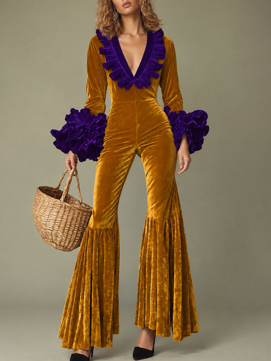 Fashion Party Purple Ruffle Long Sleeve Flared Gold Velvet Jumpsuit