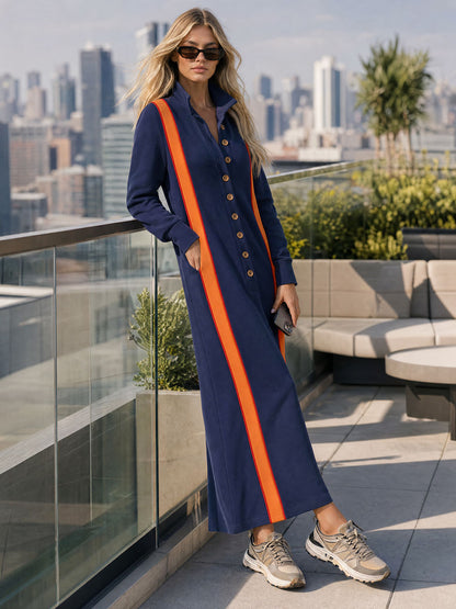 Casual Retro Blue Color-blocked Long-sleeved Stand-collar Cotton Midi Dress