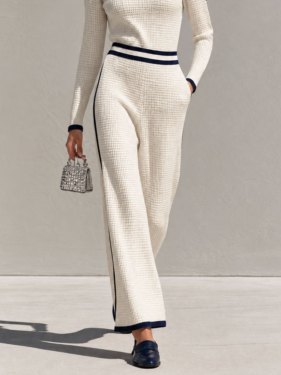 Retro Casual Color-blocked White Knit Top And Pants Set