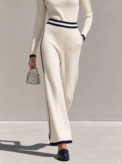 Retro Casual Color-blocked White Knit Top And Pants Set