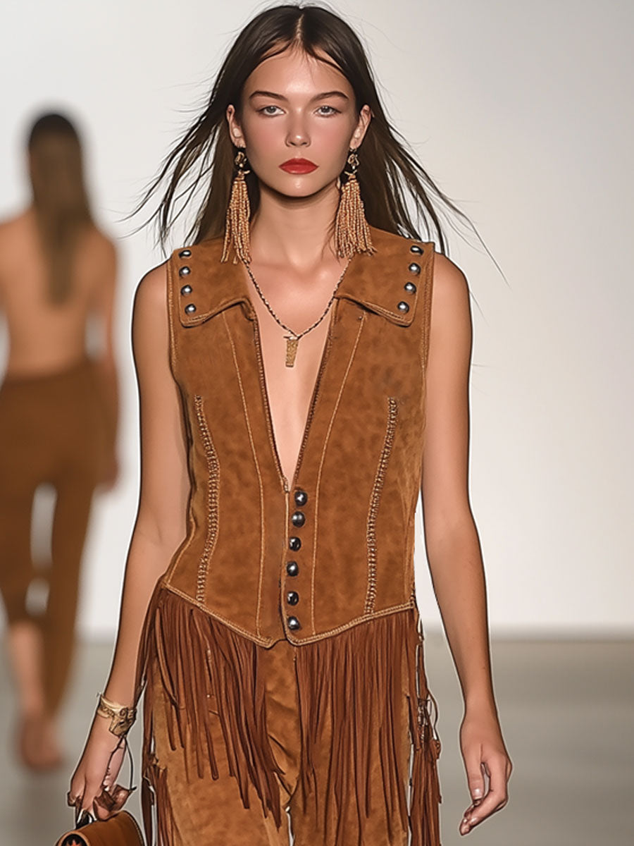 Casual Loose Vintage Caramel Suede Rivet Tassel Vest