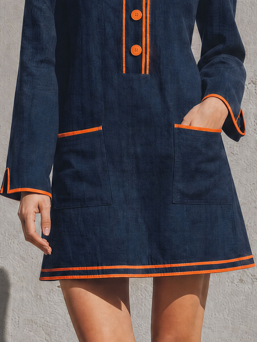 Casual Retro Color-blocked Trimmed Blue Round Neck Cotton Linen Mini Dress