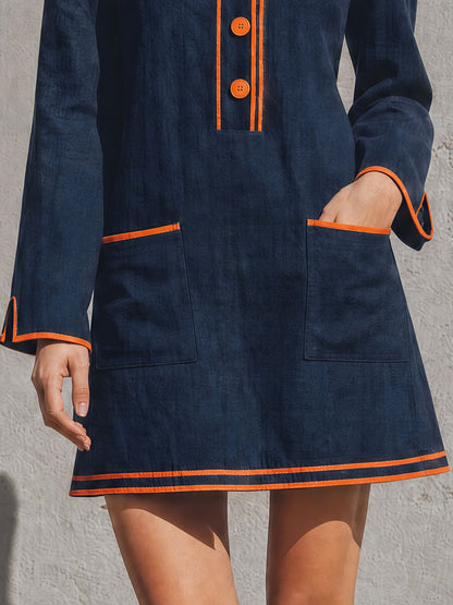 Casual Retro Color-blocked Trimmed Blue Round Neck Cotton Linen Mini Dress