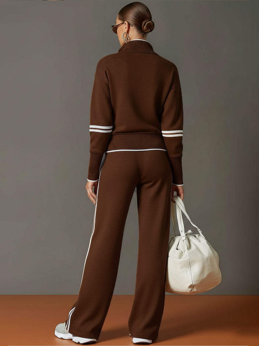 Retro Sporty Webbing Grey-white Half-zip Sweatshirt And Wide-leg Pants Set