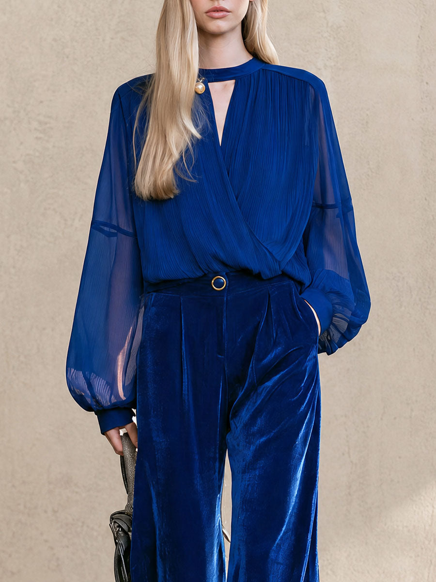 Retro-elegant Royal Blue Chiffon Blouse And Velvet Wide-leg Trousers Set