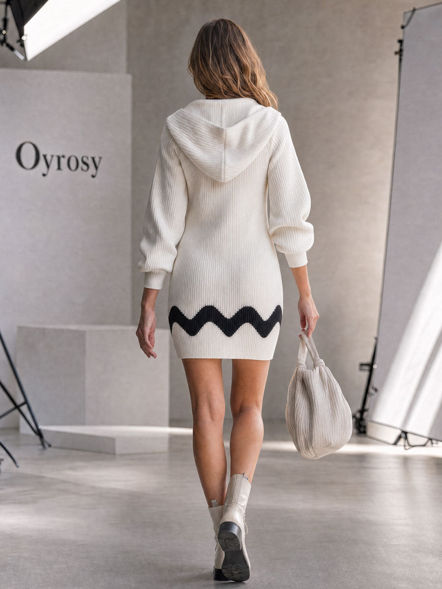Casual Retro Black Wavy Trim White Hooded Knit Mini Dress
