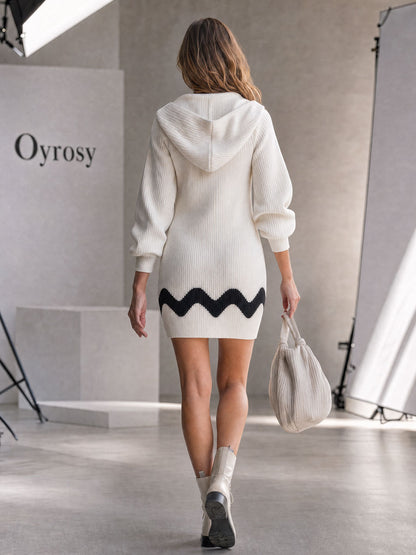 Casual Retro Black Wavy Trim White Hooded Knit Mini Dress