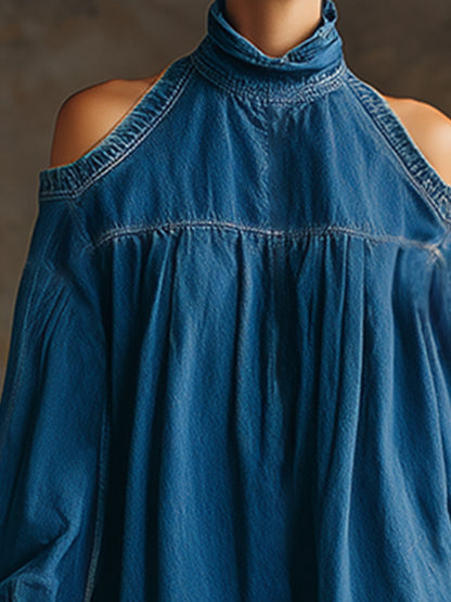 Chic Urban Silhouette Blue Denim Off-shoulder Long-sleeved Maxi Dress