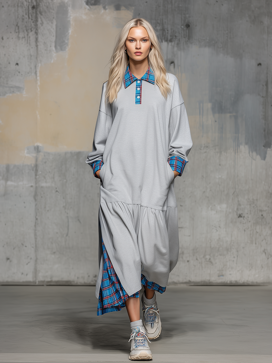 Sporty Retro Plaid Patchwork Ruffle Sweatshirt Dress