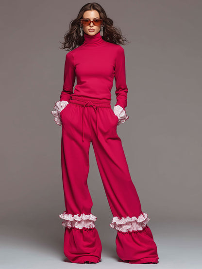 Fashionable Sporty Striped Ruffled Red Turtleneck Top And Wide-leg Pants Set