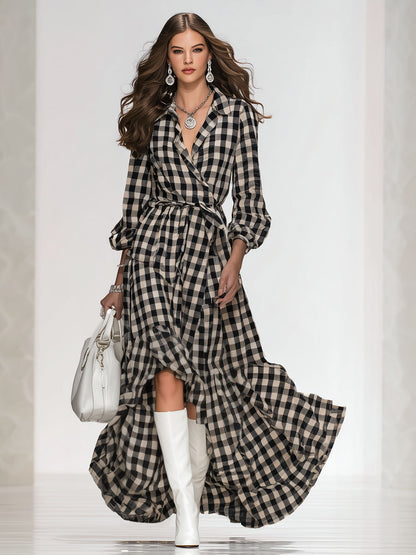 Bohemian-style Retro Plaid Long-sleeved Maxi Dress