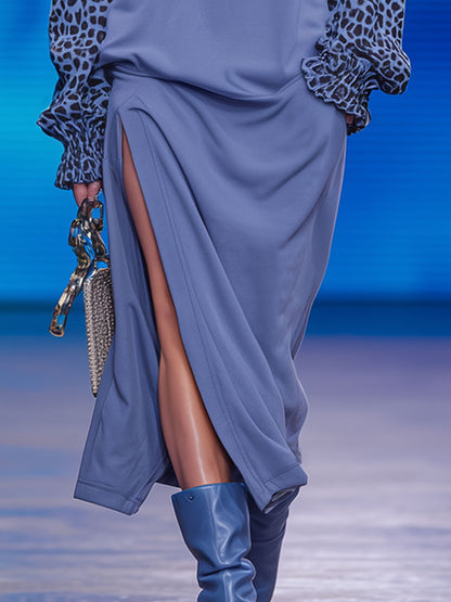Fashionable Retro Leopard Print Long-sleeved Blue Sweatshirt With Slit Midi Dress