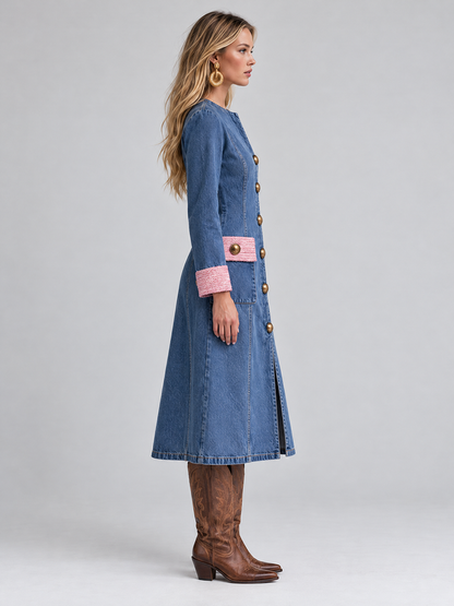 Elegant Vintage Tweed Trim Gold Button Front Denim Midi Dress