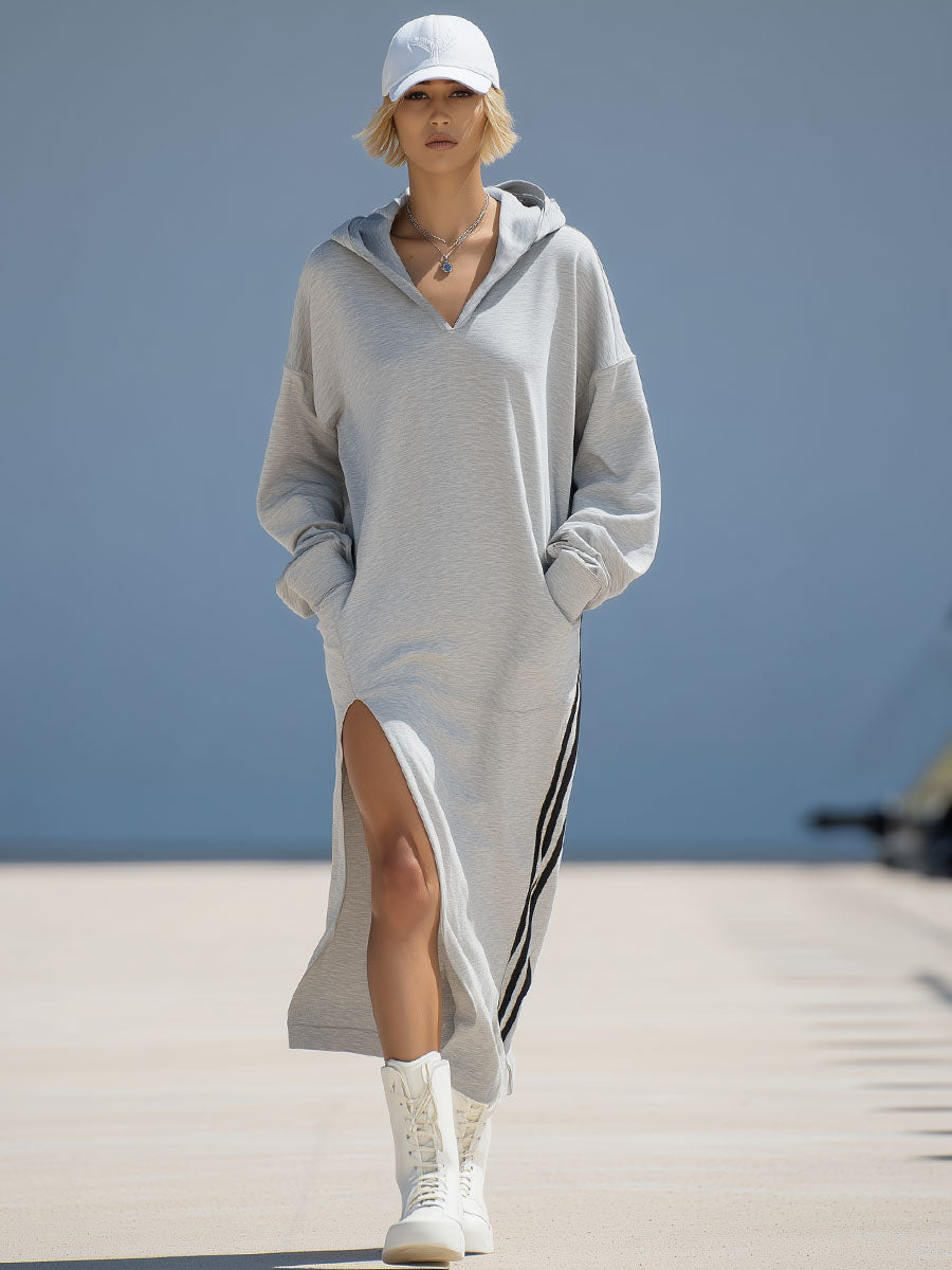 V-neck Hooded Double Pockets Side Slits Sporty Style Long-sleeved Midi Dress