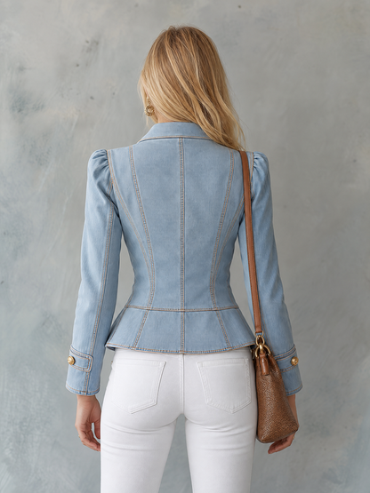 Vintage Military Light Wash Double Breasted Gold Button Peplum Denim Jacket