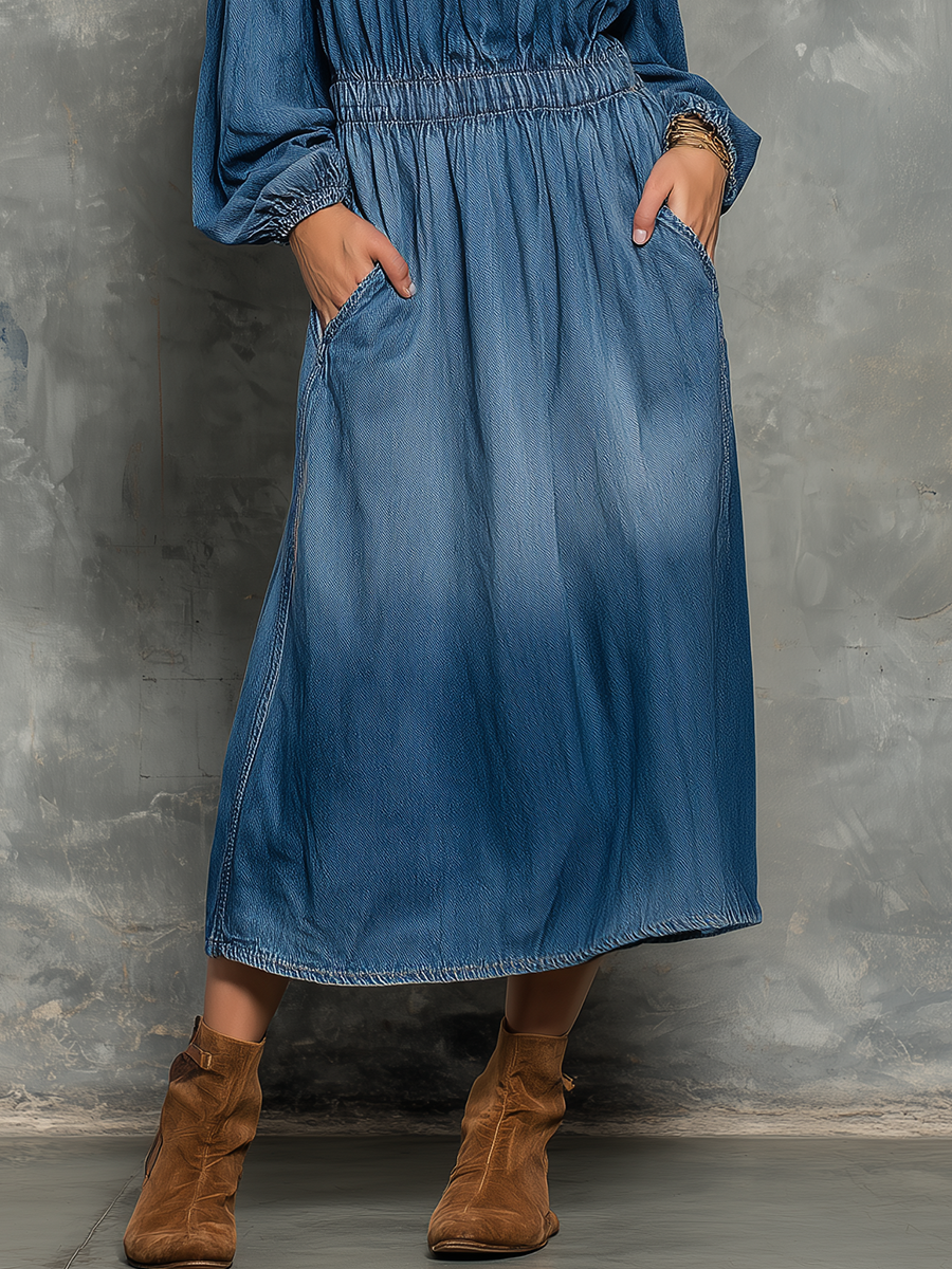 Retro Relaxed Style Off-the-shoulder Long-sleeved Maxi Dress