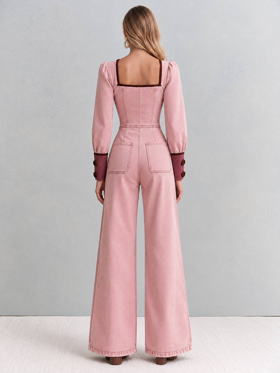 Retro Romantic Pink Sweetheart Neck Button Front Wide Leg Denim Jumpsuit