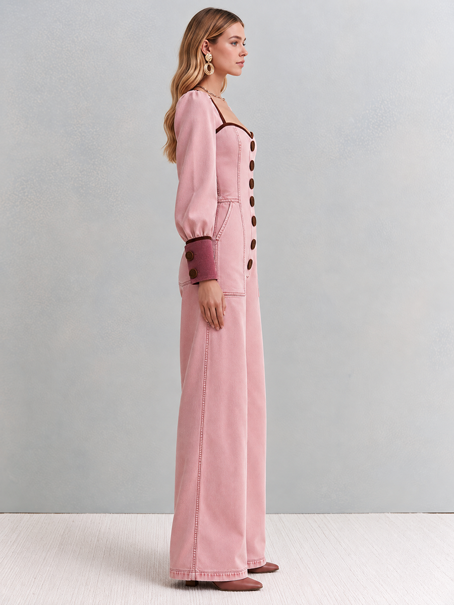 Retro Romantic Pink Sweetheart Neck Button Front Wide Leg Denim Jumpsuit