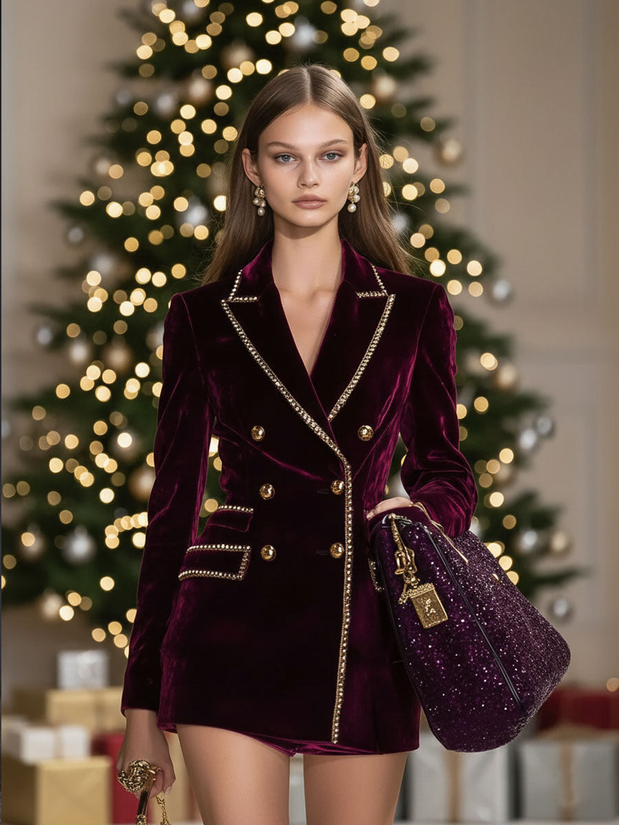 【24-hour shipping out】Casual Vintage Burgundy Velvet Gold Trim Double Breasted Suit Mini Dress