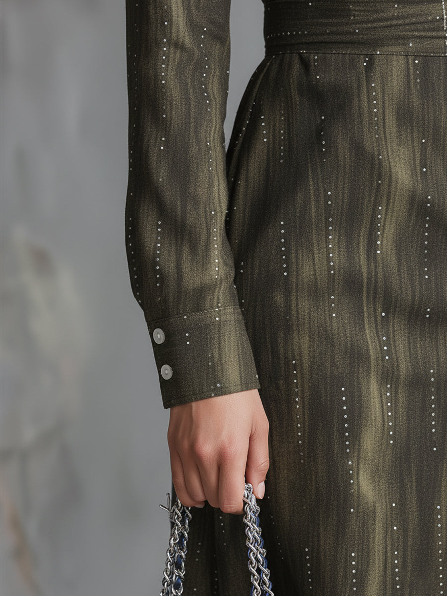 Vintage-inspired Rhinestone Olive Green Lapel Button-down Maxi Dress