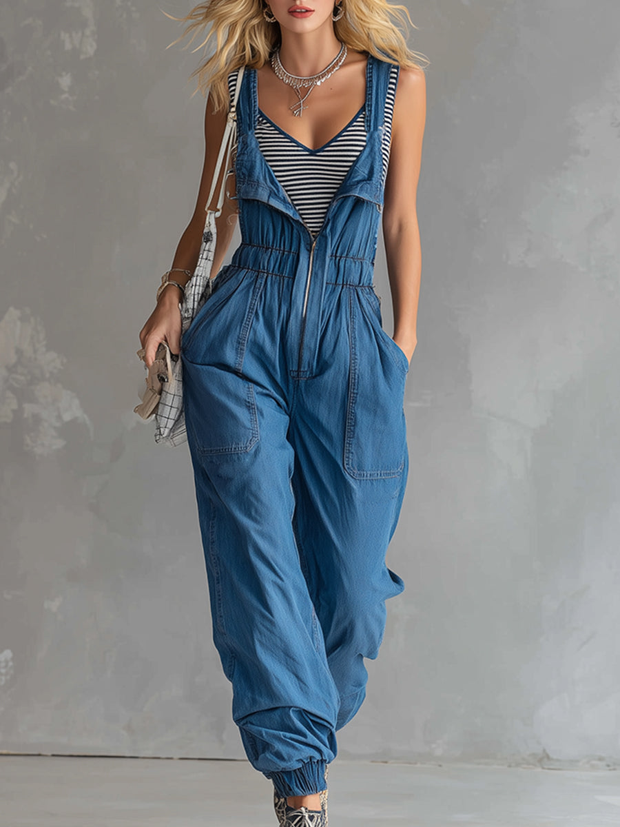 Stylish And Casual Blue Denim Zip-up Overalls
