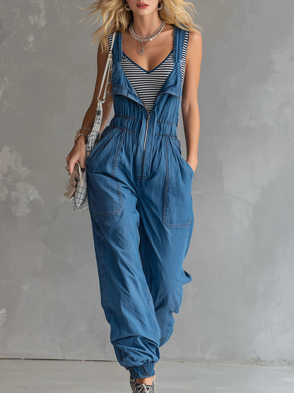 Stylish And Casual Blue Denim Zip-up Overalls