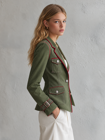 Olive Military Utility Blazer With Red Piping