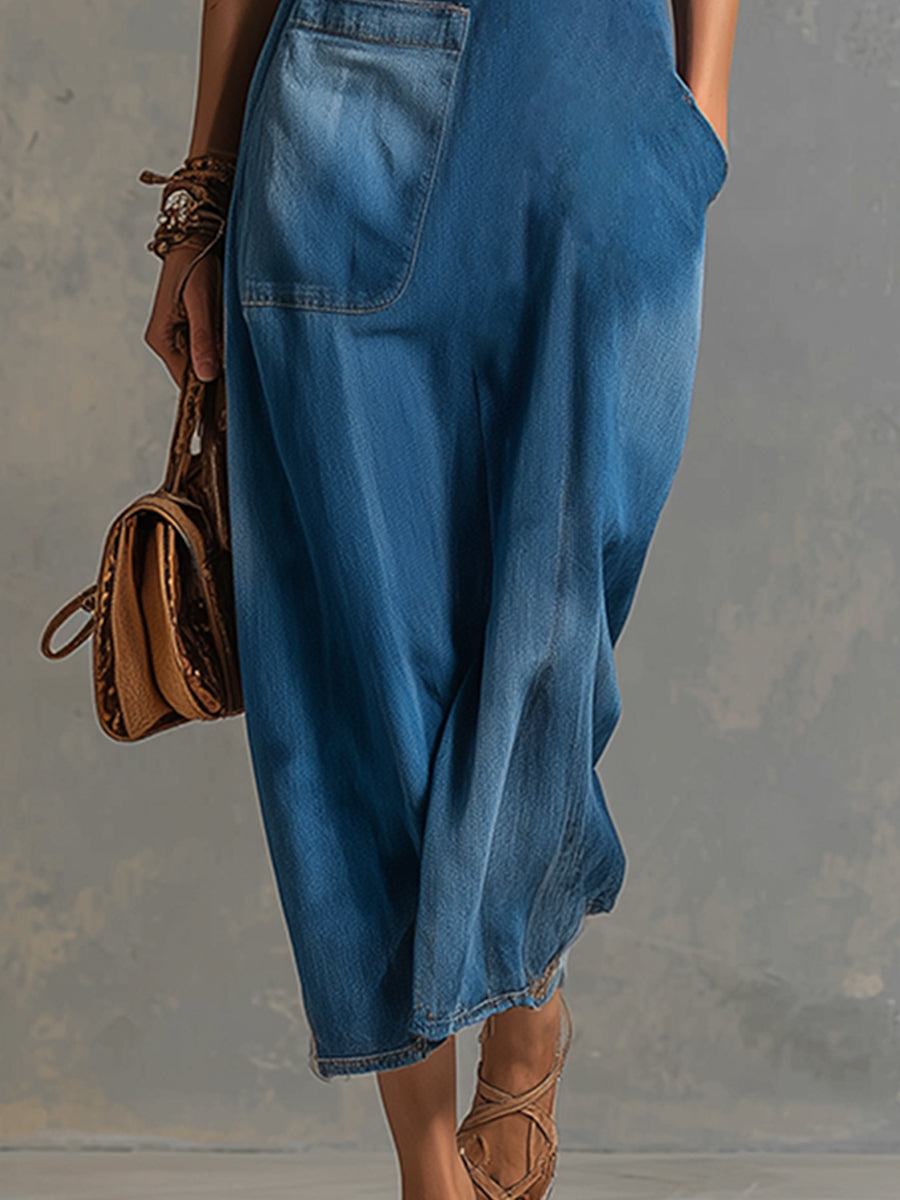 Stylish Urban Blue Denim One-shoulder Short-sleeved Maxi Dress