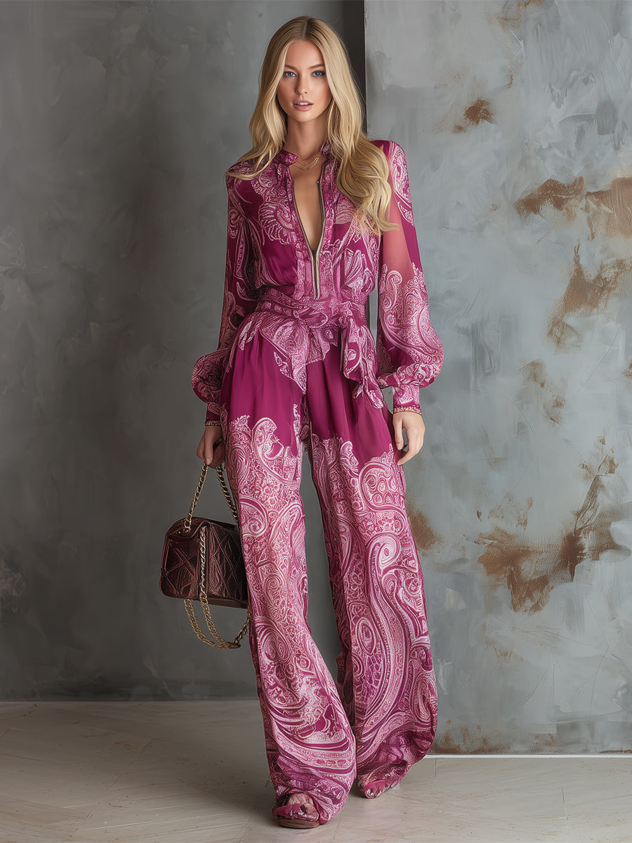 Elegant And Modern Hot Pink Printed Chiffon Long-sleeved Wide-leg Jumpsuit