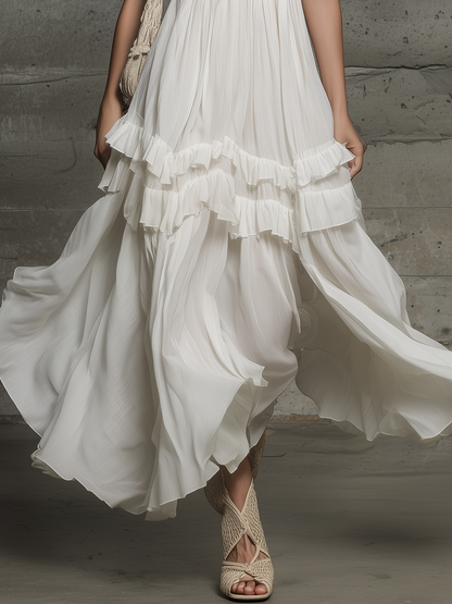 Elegant Vacation Stand-collar Sleeveless Ruffled Chiffon Midi Dress