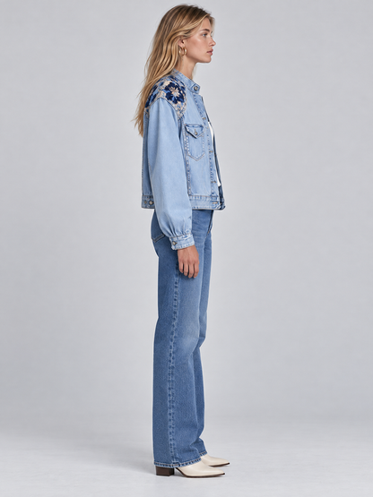 Vintage Floral Embroidered Light Wash Band Collar Cropped Western Denim Jacket