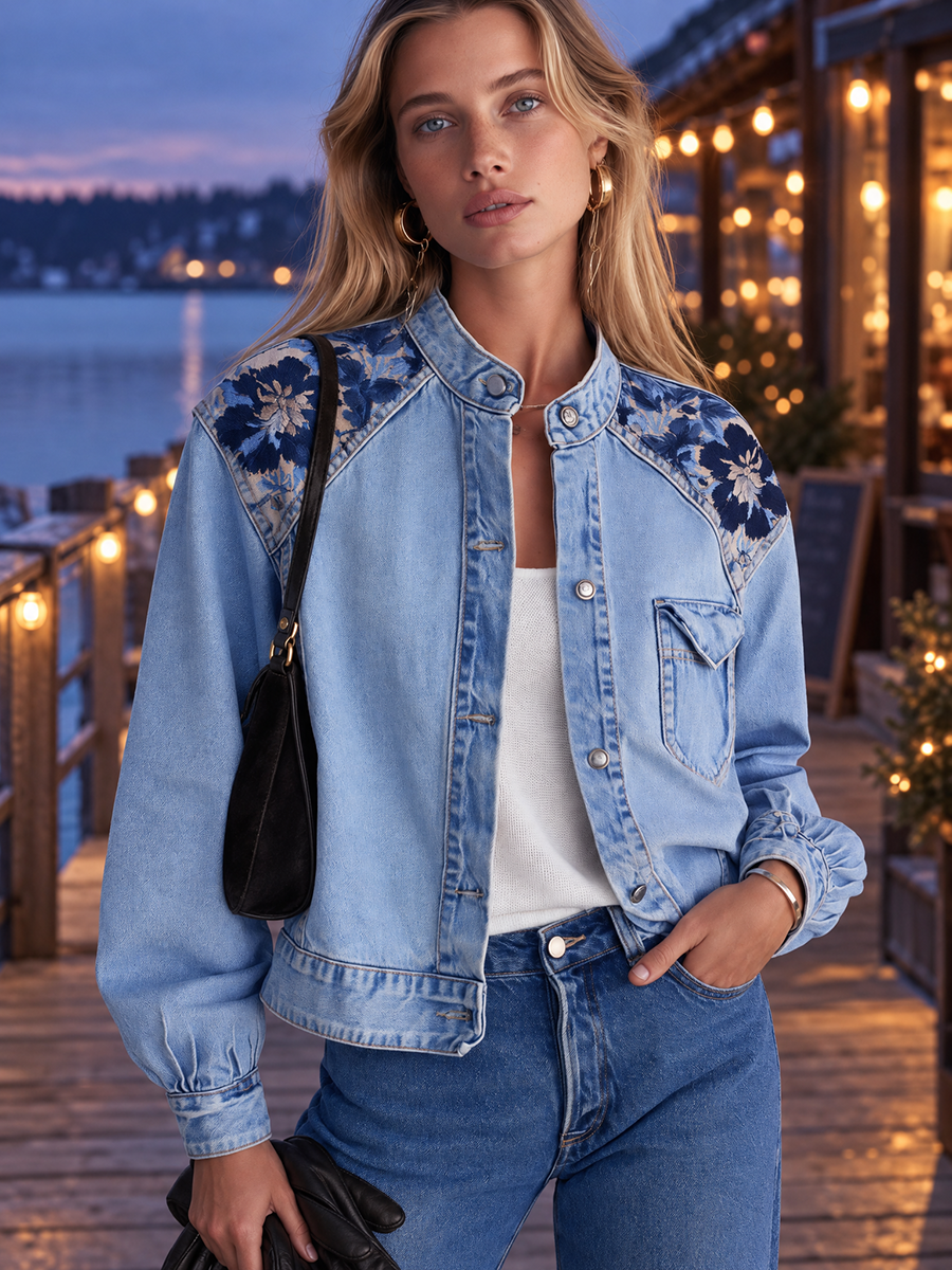 Vintage Floral Embroidered Light Wash Band Collar Cropped Western Denim Jacket