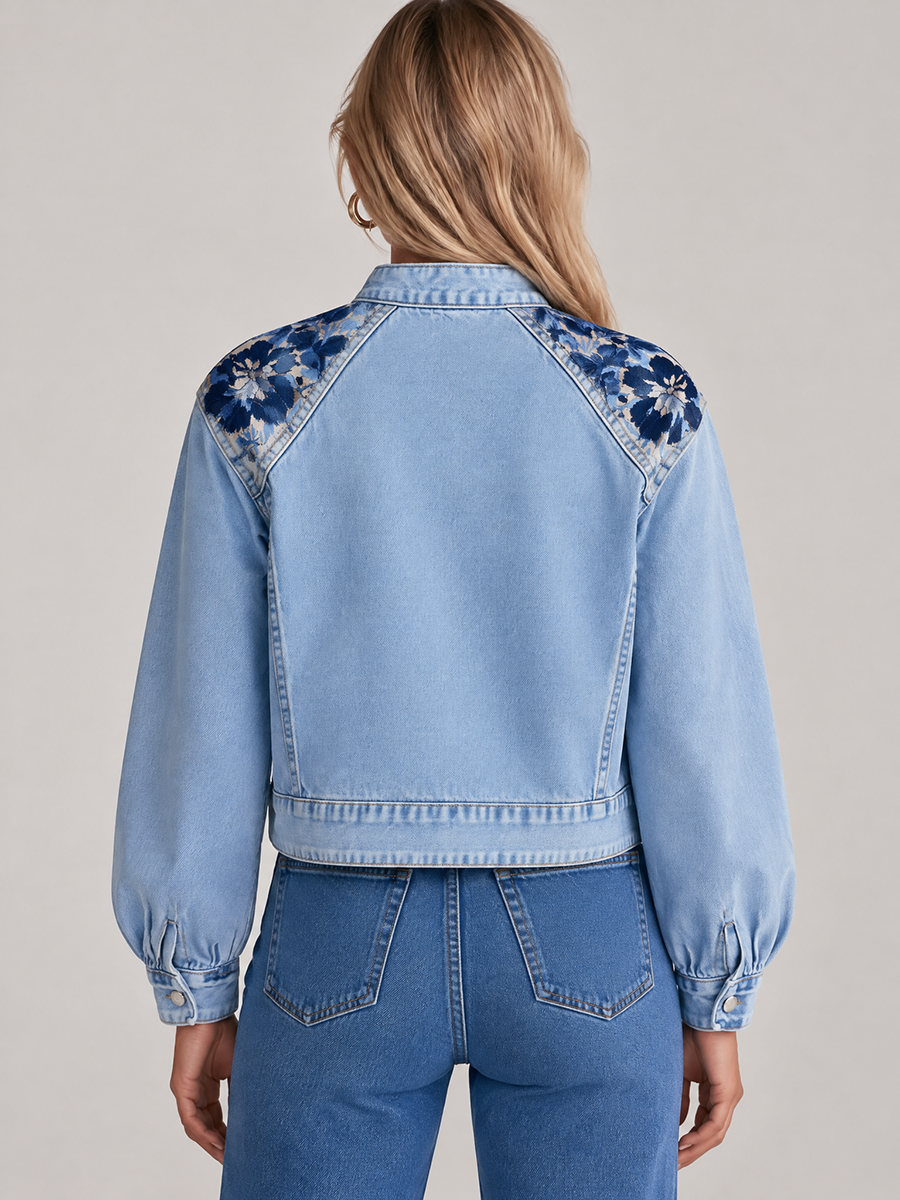Vintage Floral Embroidered Light Wash Band Collar Cropped Western Denim Jacket