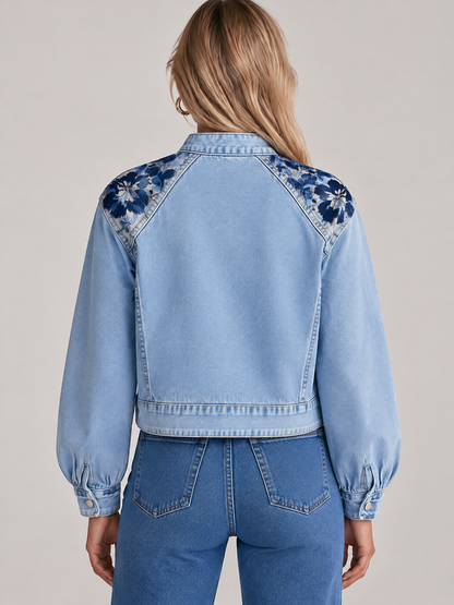 Vintage Floral Embroidered Light Wash Band Collar Cropped Western Denim Jacket