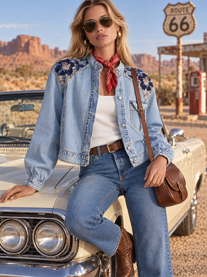 Vintage Floral Embroidered Light Wash Band Collar Cropped Western Denim Jacket