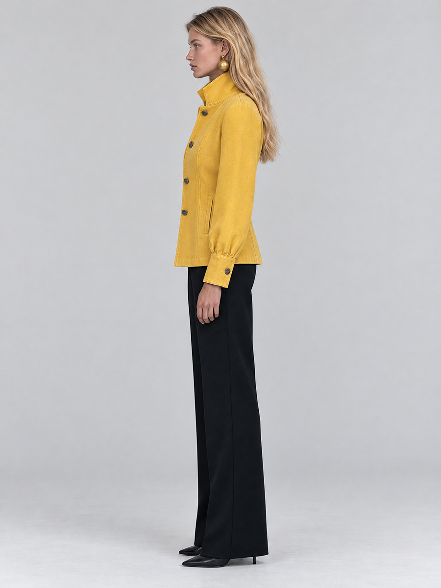 Classic Mustard Yellow Stand Collar Bishop Sleeve Tailored Button Front Jacket