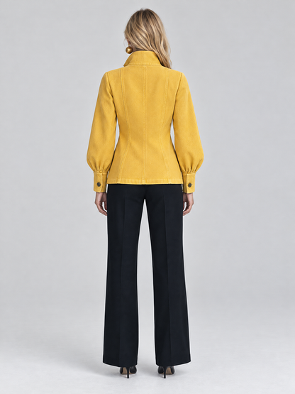 Classic Mustard Yellow Stand Collar Bishop Sleeve Tailored Button Front Jacket