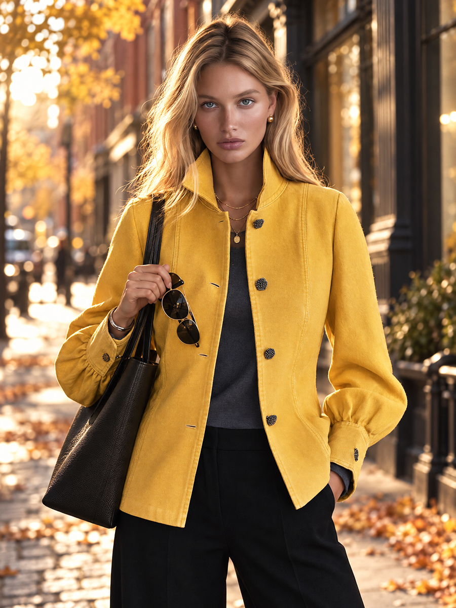 Classic Mustard Yellow Stand Collar Bishop Sleeve Tailored Button Front Jacket