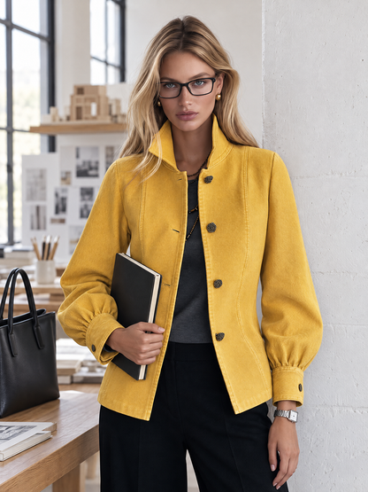Classic Mustard Yellow Stand Collar Bishop Sleeve Tailored Button Front Jacket