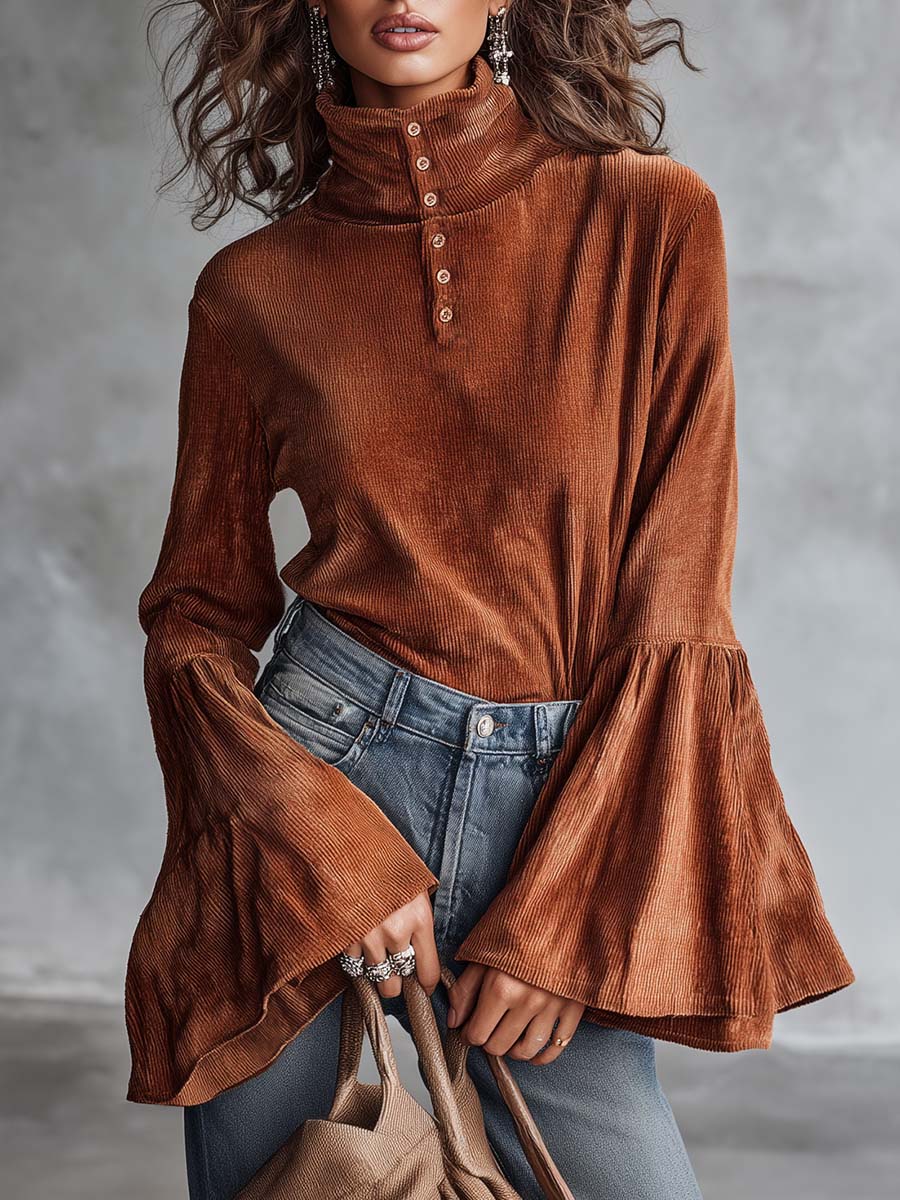 Elegant Vintage High-neck Front Button Bell-sleeve Rust Orange Chenille Blouse