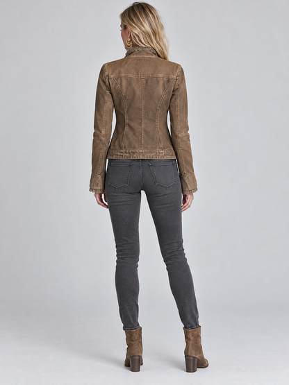 Vintage Western Lace Trim Stand Collar Brown Washed Fitted Cropped Denim Jacket