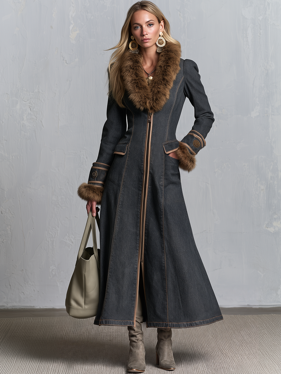 Elegant Faux Fur Trim Charcoal Fit And Flare Zip Front Denim Maxi Coat