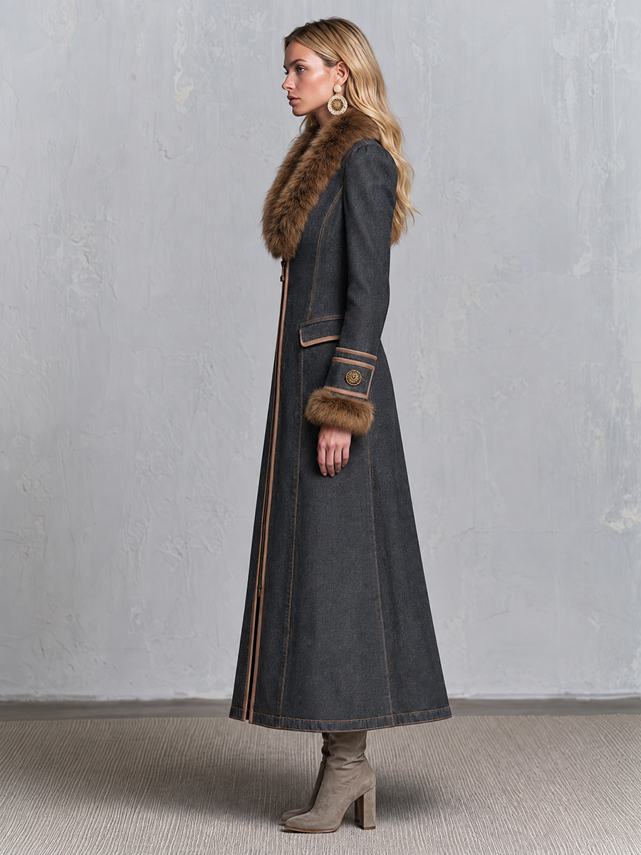 Elegant Faux Fur Trim Charcoal Fit And Flare Zip Front Denim Maxi Coat