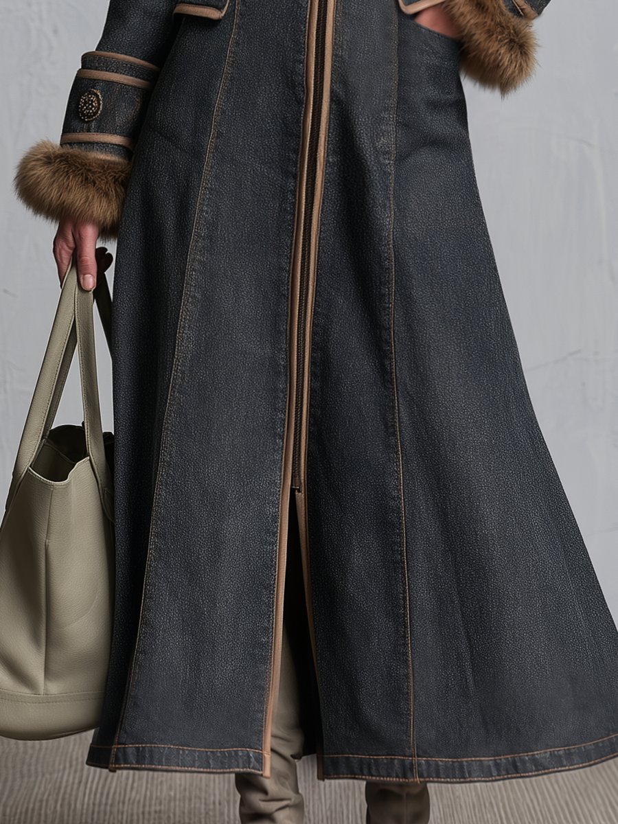 Elegant Faux Fur Trim Charcoal Fit And Flare Zip Front Denim Maxi Coat