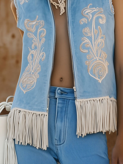 Casual Loose Vintage Suede Ethnic Embroidery Tassel Zipper Vest