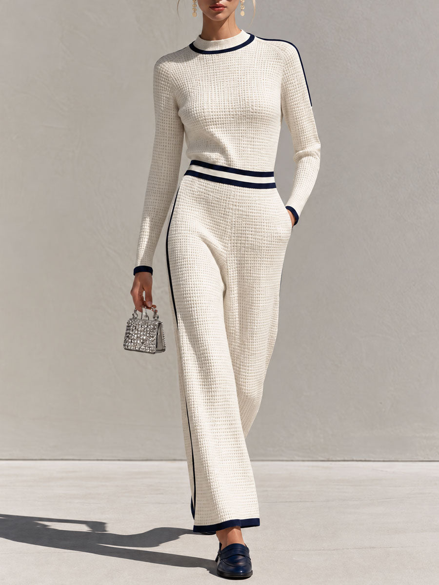 Retro Casual Color-blocked White Knit Top And Pants Set