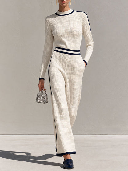 Retro Casual Color-blocked White Knit Top And Pants Set