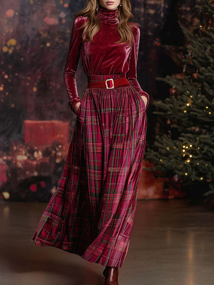 Festive Retro Red Velvet Turtleneck Plaid Skirt Set