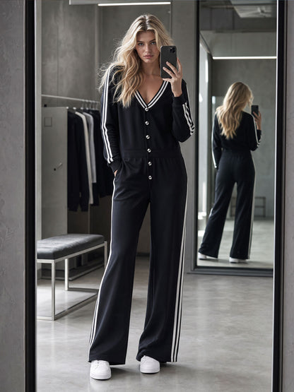 Casual Retro Color-blocked Trim Black Long-sleeved V-neck Button Cotton Jumpsuit
